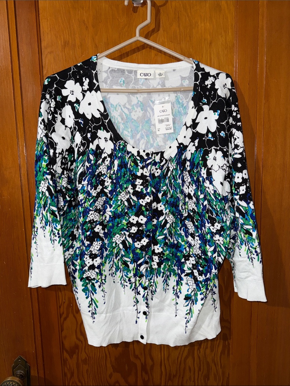 Cato Floral Scoop Neck Cardigan in White, Black, Blue, Green